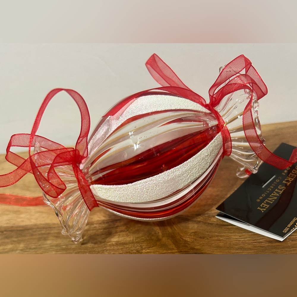 Robert Stanley Glass Christmas Ornament Wrapped Candy Cane Peppermint 4.25” NEW - Picture 1 of 3